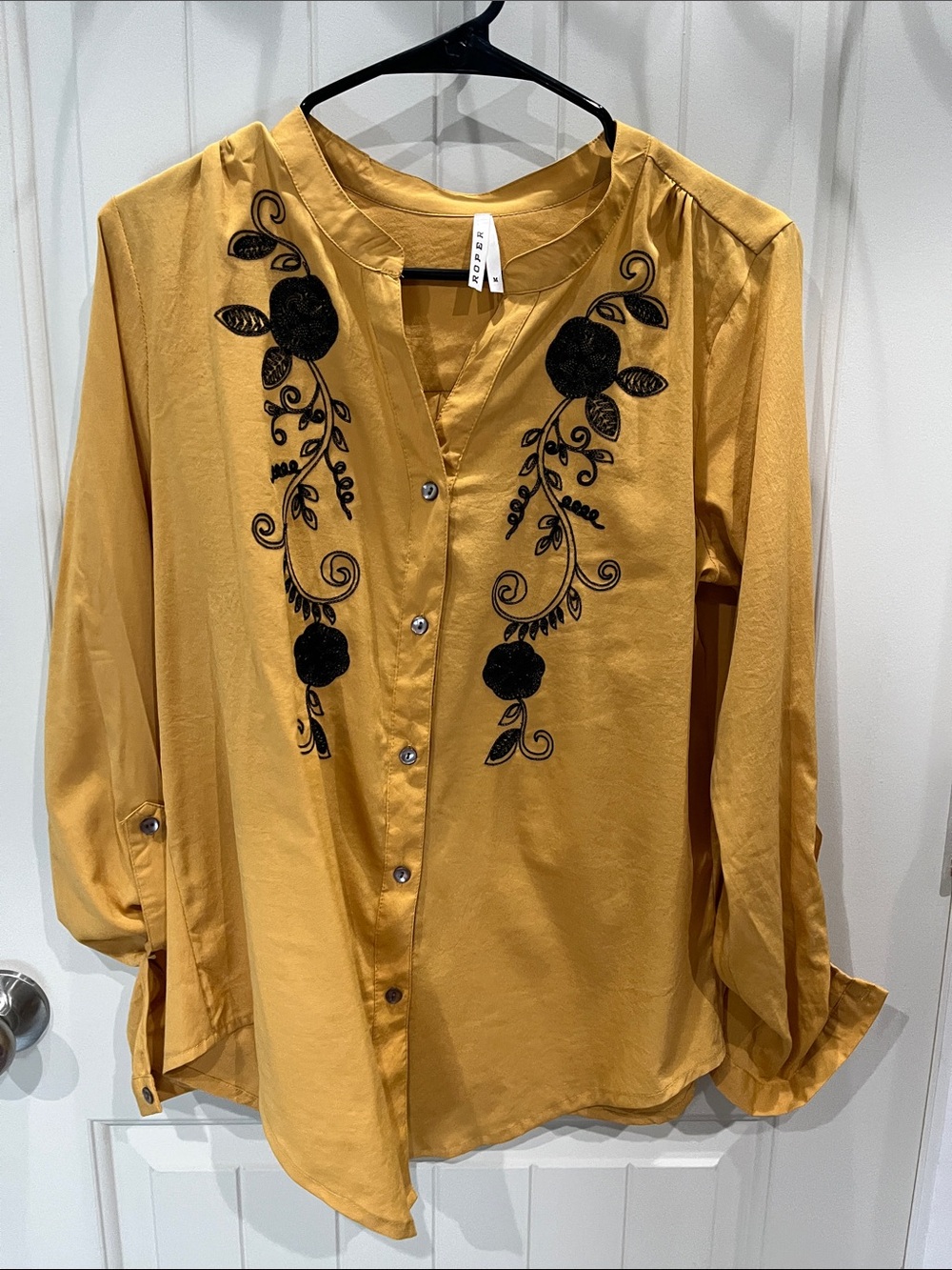 Roper Mustard Yellow Button-Up Blouse with Black Floral Embroidery